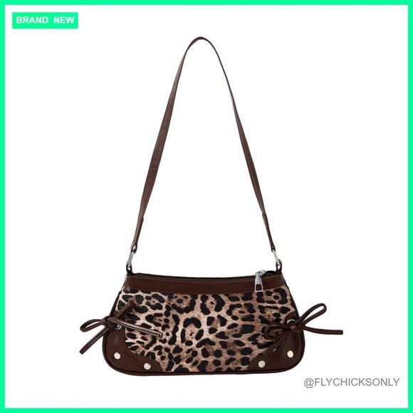Handbags - Leopard Print Shoulder Bag with Adjustable Strap Studded Clutch Purse